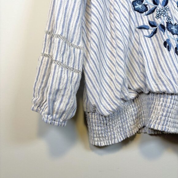 Lovestitch Size Large Boho Chic Embroidered Striped V-Neck Top Costal Chic Blue - Picture 9 of 15